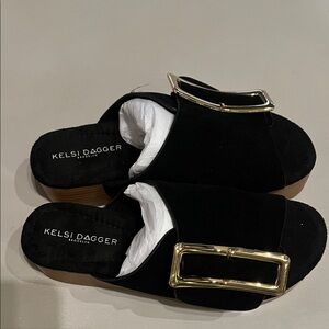 NEW Kelsi Dagger Black Mules with Gold Accent
